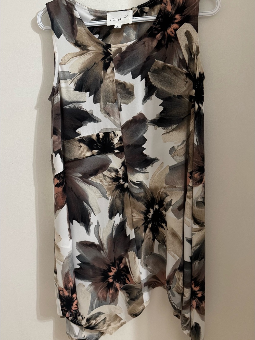 Floral Print Sleeveless Tunic - White with Brown & Black Floral
